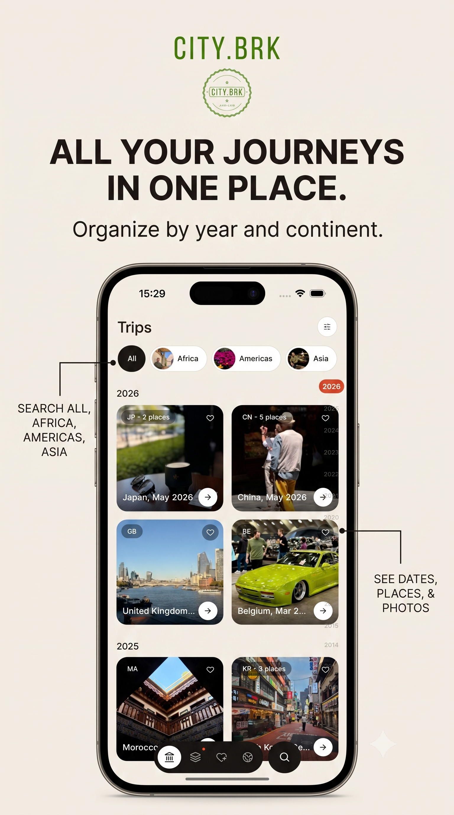 Citybrk trips overview — every journey stacked by year with continent filters, dates, and a cover photo for each trip